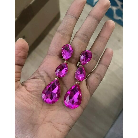 3 inch clip on fuchsia hot pink gold rhinestone crystal teardrop pageant - Picture 1 of 7